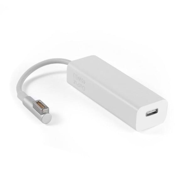 Adapter fra USB-C hun til MagSafe 1 han til opladning af bærbar computer med USB-C oplader Hvidt plastikhus Mål ca. 15,5 x 2,4 x 1,8 cm 1