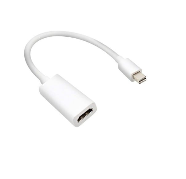 Adapter Mini DisplayPort til HDMI til tilslutning af skærm eller tv til computer eller bærbar. Opløsning op til 1080p. Længde 15 cm. Hvid reduktion. 1