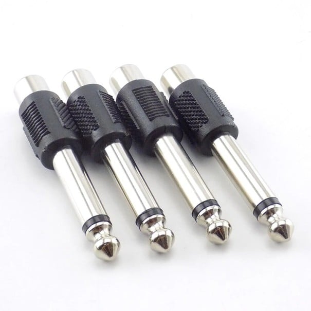 Adapter RCA weiblich auf 6,35 mm Klinke männlich 4 Stück Audio Adapter Cinch auf große Klinke Metallstecker und schwarzer geriffelter Körper 1