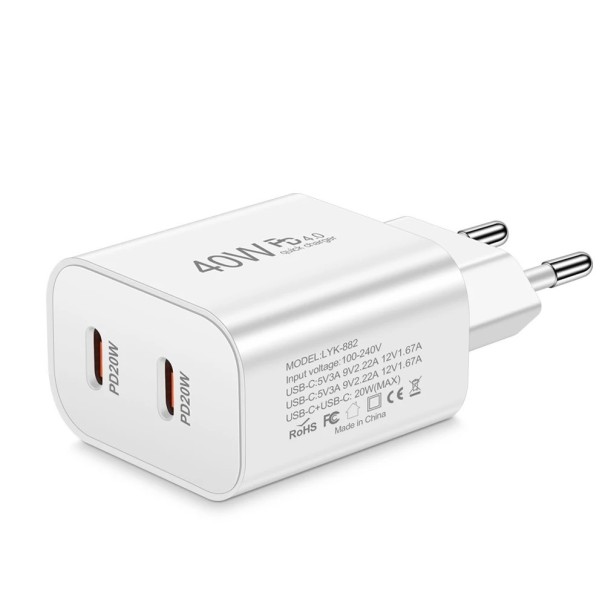 Adapter szybkiego ładowania 40 W 2x port USB C biały