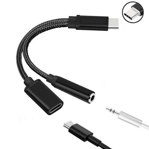 Adaptér USB-C na 3,5 mm jack a USB-C Rozdvojka pro připojení sluchátek k zařízení s portem USB-C Opletený kabel Slitina hliníku Černá barva 1