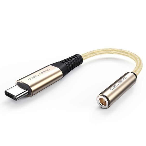 Adapter USB-C na 3,5 mm jack do podłączenia słuchawek do telefonu i tabletu Opleciony nylonowy kabel Końcówki ze stopu aluminium Długość 13 złoto