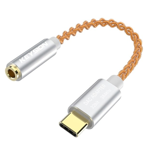 Adapter USB-C till 3,5 mm jack med DAC-omvandlare 32 bit 384 kHz för hörlurar och högtalare Flätad kabel Längd 11 cm Aluminiumlegering silver