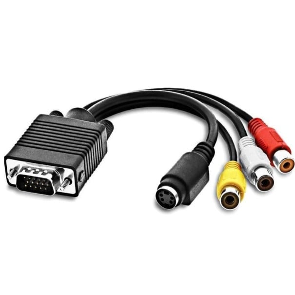 Adaptér VGA na S-video a 3x RCA Kabelová redukce s konektorem VGA samec a konektory S-video a RCA samice Délka 18 cm Materiál PVC 1