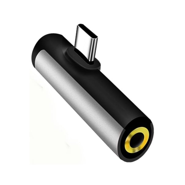 Adaptér z USB-C na 3,5mm jack a USB-C Rozbočovač 2v1 pre pripojenie slúchadiel k zariadeniu s portom USB-C Úhlový tvar L Hliníková zliatina strieborná