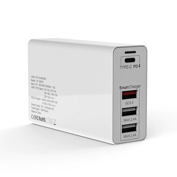 Adaptor de încărcare 4 porturi 100 W alb