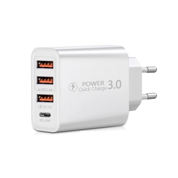 Adaptor de încărcare rapidă cu 4 porturi 60 W QC3.0 alb