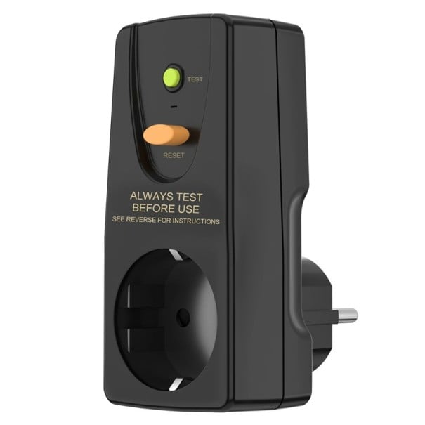 Adaptor de priză EU cu întrerupător de curent, protecție împotriva scurgerilor de curent, butoane TEST și RESET, 16 A / 250 V, RCD, grad negru