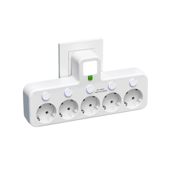 Adaptor de priză UE 5AC 5 prize 2500W 10A fără fir lumină de noapte întrerupător pornit/oprit cu indicator luminos priză electrică de birou 110-250V alb