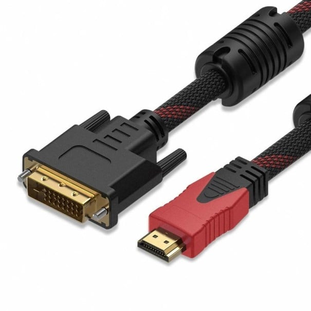 Adaptor DVI tată la HDMI tată 5 m Cablu textil bidirecțional negru-roșu Full HD Transmitere stabilă a imaginii Conectarea monitorului și a plăcii 1