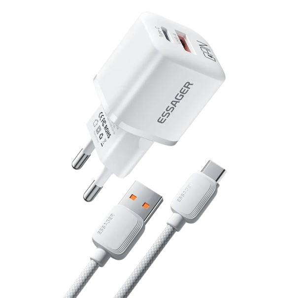 Adaptor încărcător rapid 20W GaN USB C și USB A Încărcător cu porturi duale cu cablu USB A la USB C PD QC 3.0 Priză UE Încărcare rapidă 100-240V alb