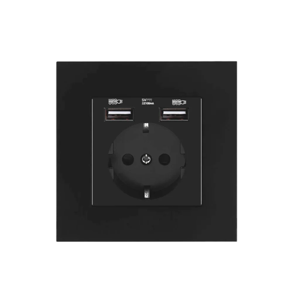 Adaptor priză UE 220V 16A 86×86 mm Priză electrică cu împământare 2× porturi USB A 5V 2.1A Priză de încărcare pentru iOS Android negru