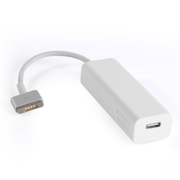 Adaptor USB-C femelă la MagSafe 2 masculin pentru încărcarea laptopului cu încărcător USB-C Carcasă din plastic alb Dimensiuni de aproximativ 15,5 x 1