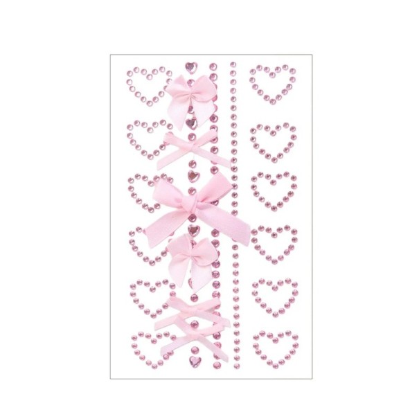 Adesivi per il viso alla moda con fiocco e nastro di strass Arch con cuori più piccoli e fiocchi Decorazioni in tessuto e strass acrilici rosa