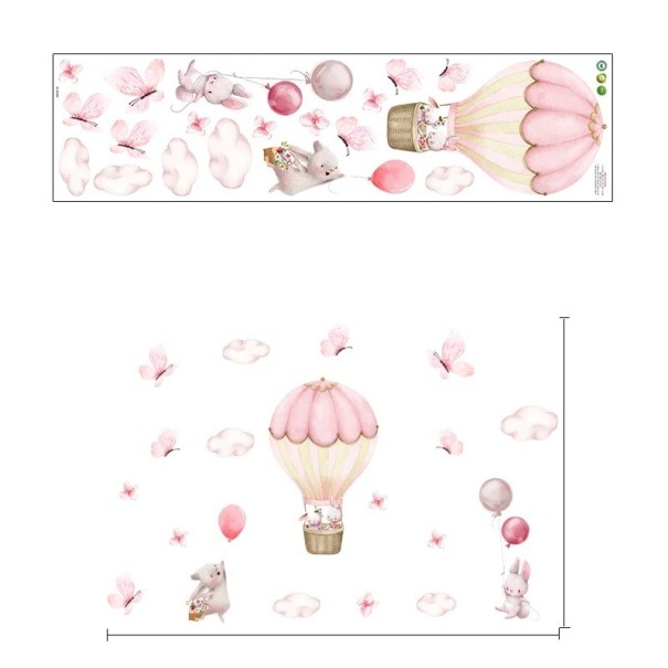 Adesivo da parete 113,7 x 75,6 cm Animali nel pallone con farfalle Vinile opaco traslucido Grande decorazione per la cameretta 1