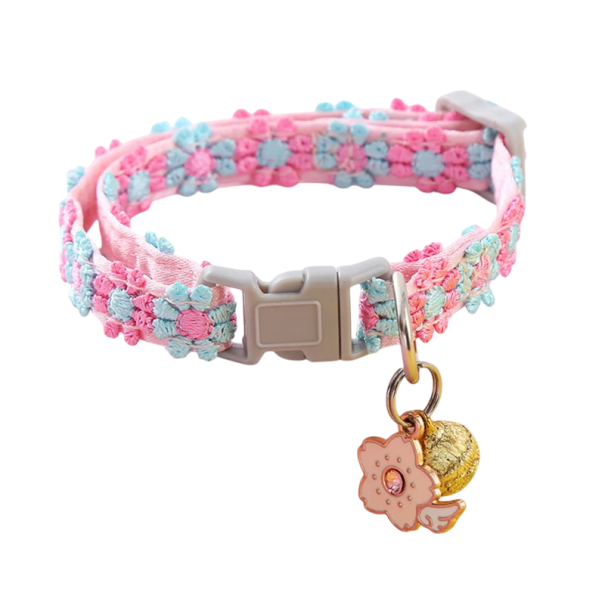 Adjustable Collar for Cats and Small Dogs 33 cm Colourful Floral Collar with Bell Safety Buckle Decorative Pendant blue