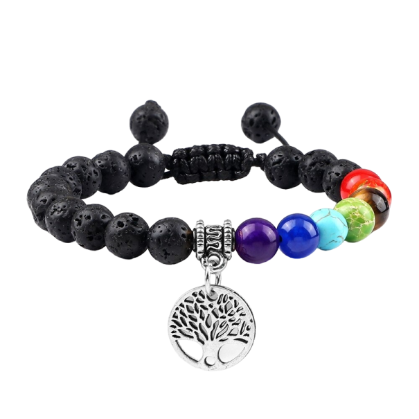 Adjustable Seven Chakra Bracelet with Lava Stone silver