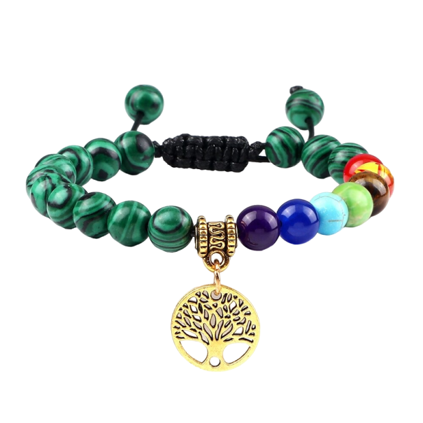 Adjustable Seven Chakra Bracelet with Malachite Stone gold