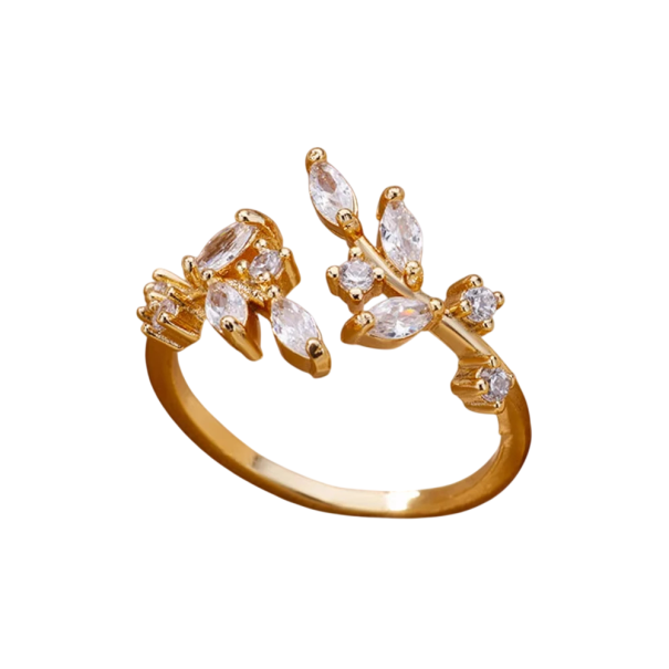 Adjustable Women's Ring Open Design Branch with Leaves Gold Colour Stainless Steel with Zirconia Elegant Delicate Jewellery 1