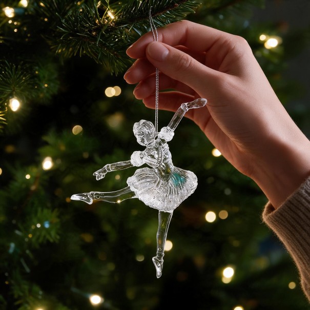 Adorno navideño para árbol de Navidad Bailarina en posición de danza Transparente con falda escarchada Con colgante plateado Para Navidad 1