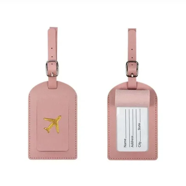 Adresní štítek na cestovní kufr jmenovka se zápisem 11×7 cm PU kůže identifikační visačka na zavazadlo pro cestování růžová