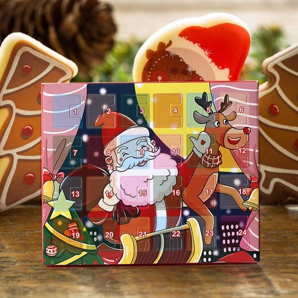 Adventi naptár ékszerekkel gyerekeknek és felnőtteknek 2 fém karkötő és 22 karácsonyi motívummal ellátott fűzhető gyöngy Doboz 24 ablakkal 1