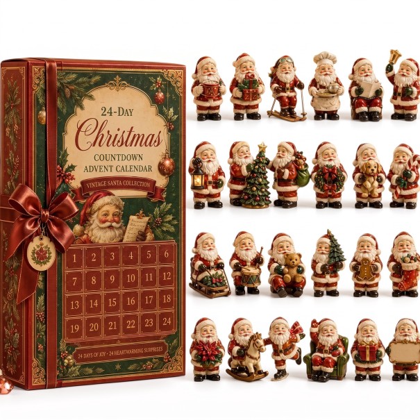 Adventní kalendář 24 vánočních postaviček Figurky Santa Clause ve vintage stylu Santa s dárky i na sáňkách Vánoční dekorace a dárek 1