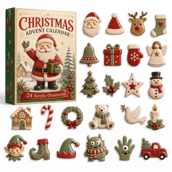 Adventný kalendár 24 vianočných postavičiek Figúrky s vianočnými motívmi Červená zelená a krémová Santa sob a snehuliak Dekorácia a darček 1