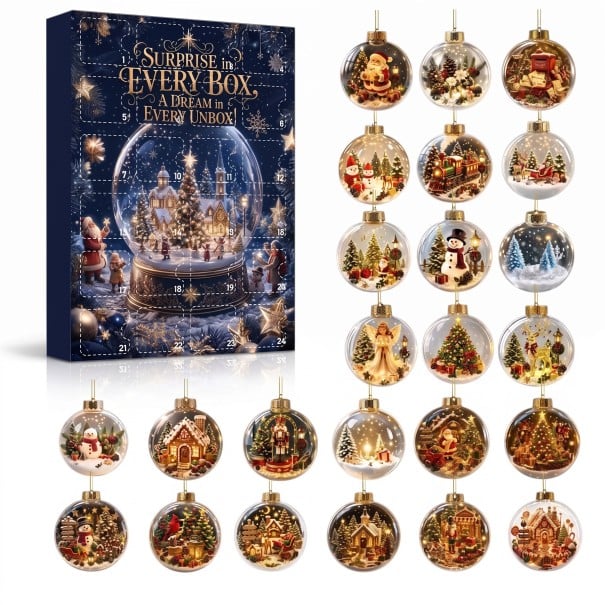 Adventskalender 24 julkulor Med upphängningsöglor Runda kulor med julmotiv Juldekorationer för granen Present till barn och vuxna 1