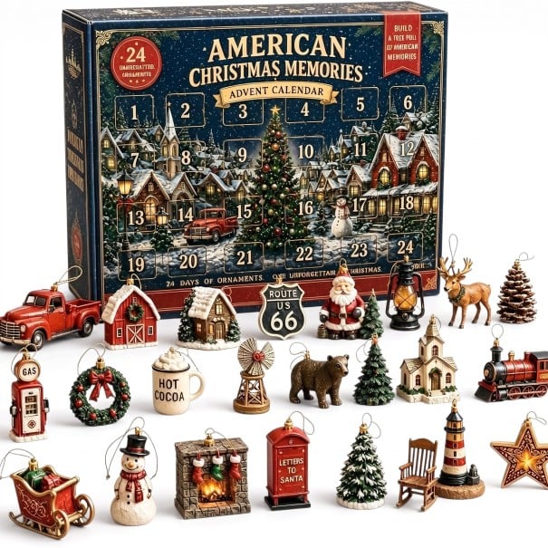 Adventskalender 24 julsfigurer med upphängningsöglor Amerikanska motiv Pickup Route 66 och lokomotiv Julgransprydnader och dekorationer 1