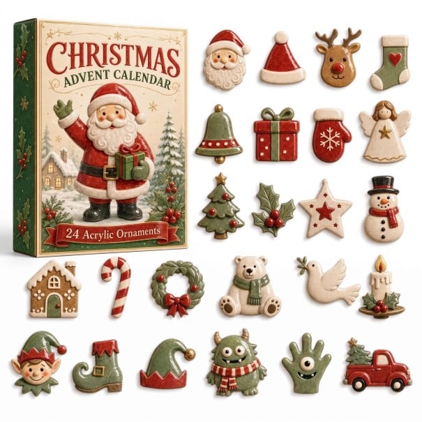 Adventskalender 24 Weihnachtsfiguren Figuren mit Weihnachtsmotiven Rot Grün und Creme Santa Rentier und Schneemann Dekoration und Geschenk 1