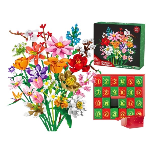 Adventskalender Blumenbausatz Gänseblümchen 24 Stück Faltbare Kunststoffblumen Strauß zum Zusammenstellen Rot und Grün Weihnachtsgeschenk 1