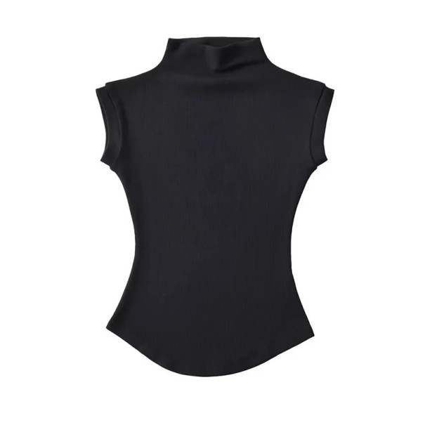 Ærmeløs dame-T-shirt med rullekrave. Elegant top med høj krave. Slim fit. Moderigtig bluse til arbejde og aften. sort L