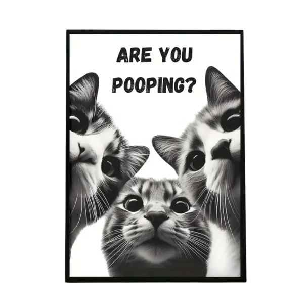 Affiche 30 x 40 cm « Trois chats, vous faites caca ? » Image humoristique en noir et blanc pour la salle de bain. Décoration rétro sans cadre. Style 1