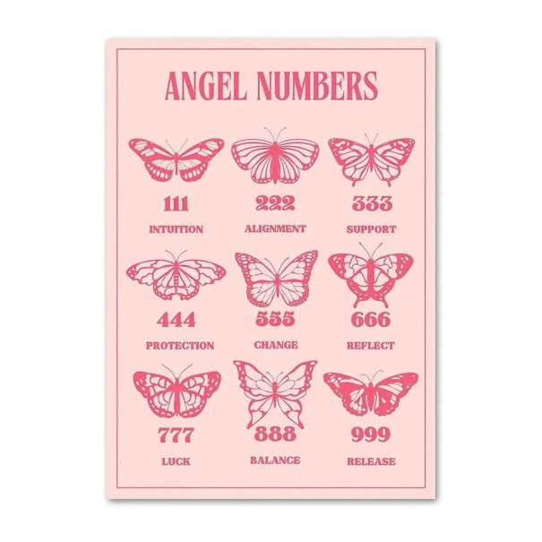 Affiche décorative murale avec motif de papillons et de nombres angéliques 20 x 30 cm impression sur toile design rose sans cadre décoration intérieure 1