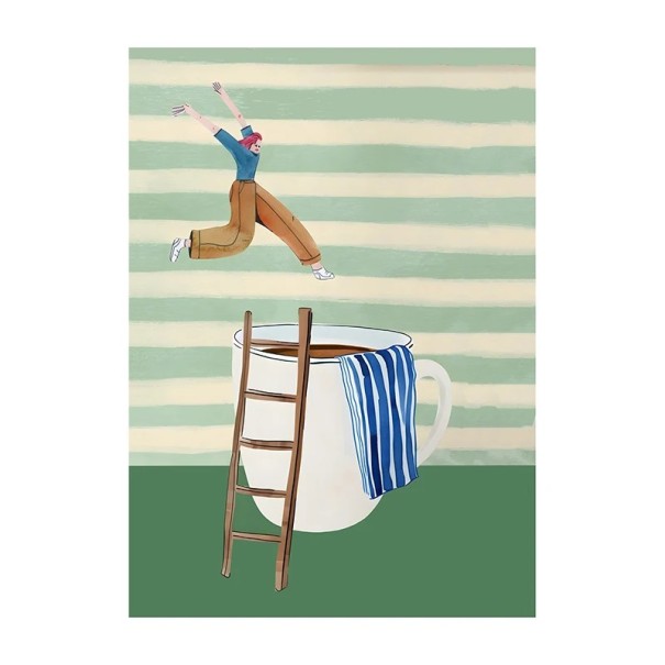 Affiche design pour mur saut dans une tasse de café illustration de personnage 40 x 50 cm impression sur toile rayures vertes et beiges décoration pour maison et café sans cadre 1