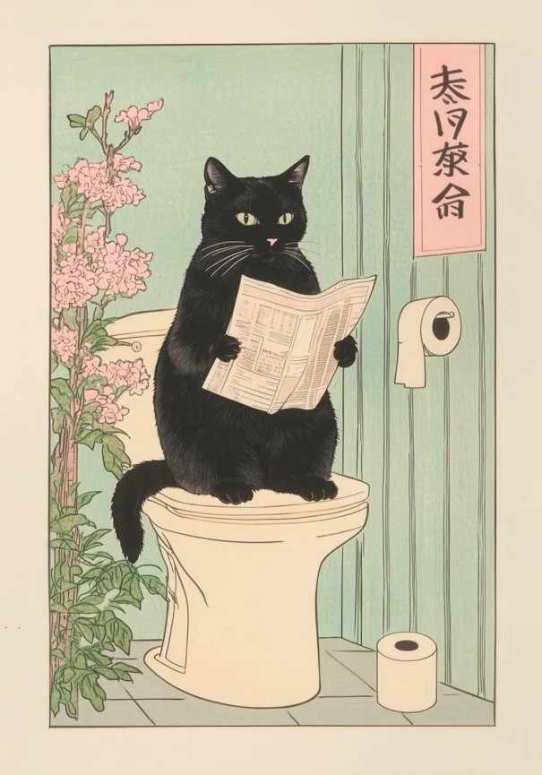 Affiche murale 20 x 30 cm Chat aux toilettes avec des journaux Motif japonais Décoration humoristique Impression sur toile Sans cadre Tableau mural 1