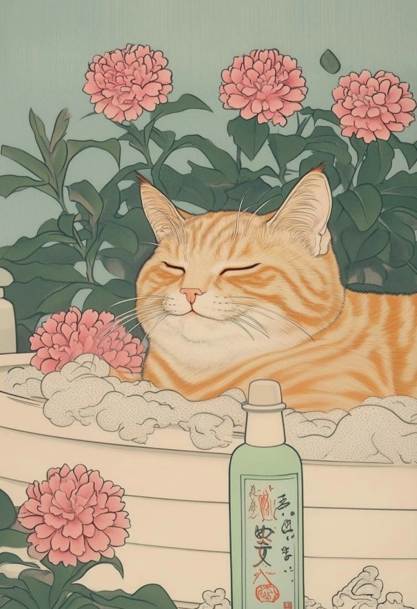 Affiche murale 20 x 30 cm Chat orange dans un bain de bulles Style japonais Image mignonne sur toile Décoration Impression douce Sans cadre 1