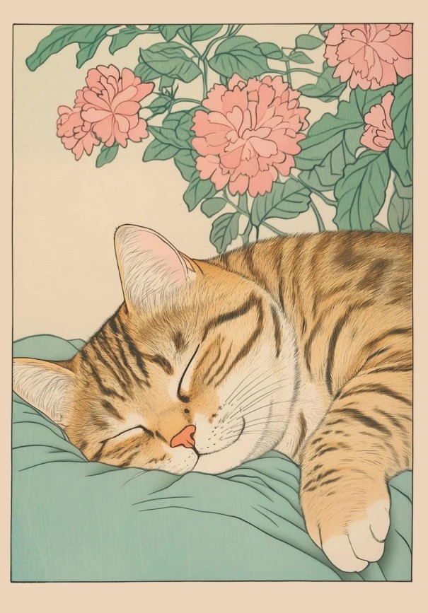 Affiche murale 30 x 42 cm Chat endormi avec motif floral Illustration japonaise Impression sur toile Décoration intérieure délicate Sans cadre 1