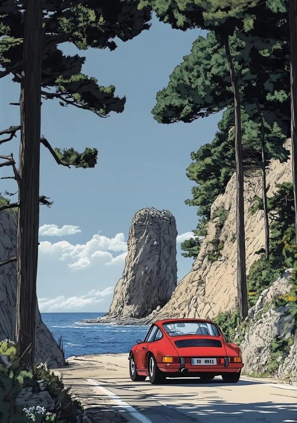 Affiche murale 50 x 70 cm Dessin Porsche 911 rouge au bord de la mer Image grand format Voiture de sport Décoration moderne Impression sur toile 1