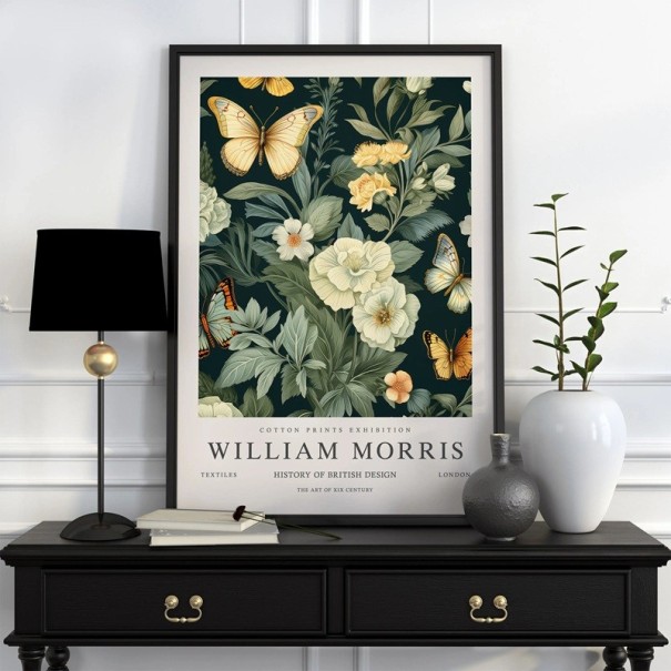 Affiche William Morris fleurs et papillons 50x70 cm toile en polyester vert foncé crème décoration murale intérieure 1