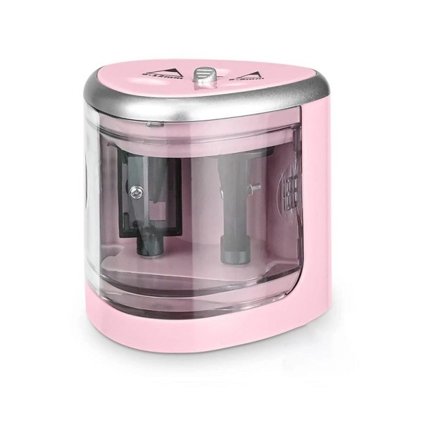 Affilacoltelli elettrico automatico a due fori Affilacoltelli elettrico a due fori Affilacoltelli automatico da ufficio a 4 batterie AA 7 x 7 x 7,5 cm rosa