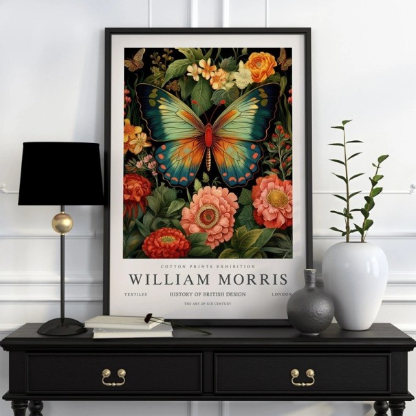 Affisch William Morris botaniskt motiv med fjäril 40x60 cm polyesterduk färgglad dekoration för vägg inomhus 1
