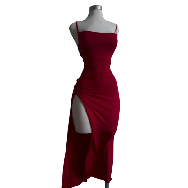 Aftenkjole med smalle stropper Elegant minimalistisk kjole med høj slids Snøre i ryggen Bodycon-snit rød L