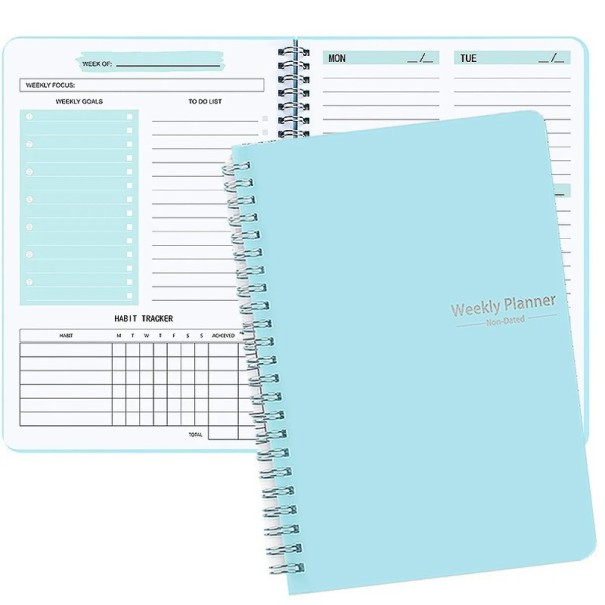 Agenda hebdomadaire 13,9 x 21 cm Agenda spirale coloré pour 52 semaines Suivi des habitudes Notes Organiseur Couverture imperméable bleu