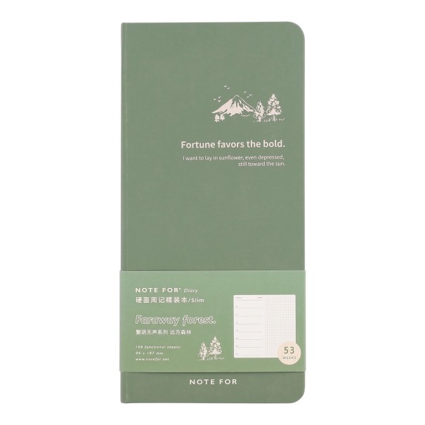 Agenda settimanale verde 187 x 94 mm per 53 settimane con disegno di montagne e alberi sulla copertina per la pianificazione del tempo e appunti sulla pagina a quadretti 1