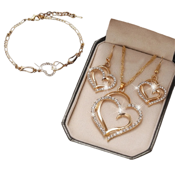 Ajándék szett női nyaklánchoz, fülbevalóhoz és szív alakú karkötőhöz arany