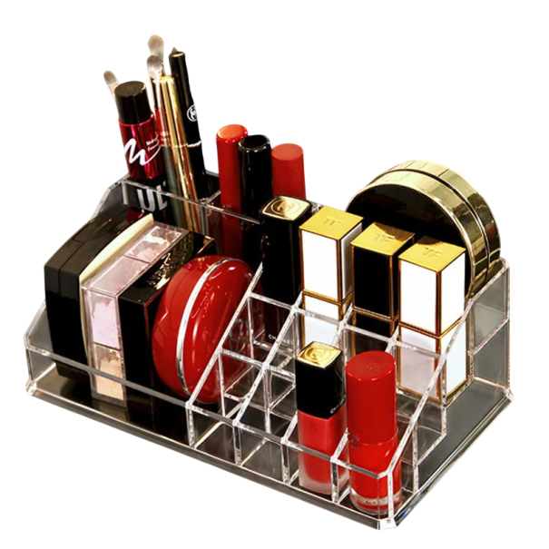 Akrylový organizér na kosmetiku 16 přihrádek 22 x 12,5 cm multifunkční úložný box na make-up držák na štětce rtěnky stojan 1