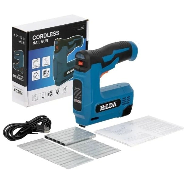Aku hřebíkovačka a sešívačka HILDA 2v1 USB dobíjení 2000 ks spon modrá elektrická pistole pro nábytek a dřevěné rámy 1