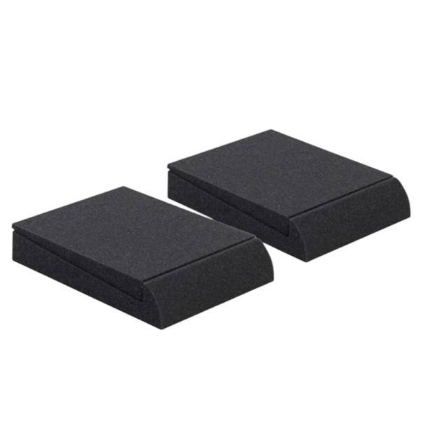 Akustyczne nachylone podstawki pod monitory zestaw 2 szt. odporna na uderzenia dźwiękochłonna pianka 26 x 34 cm czarne pod głośniki i monitor biurkowy 1